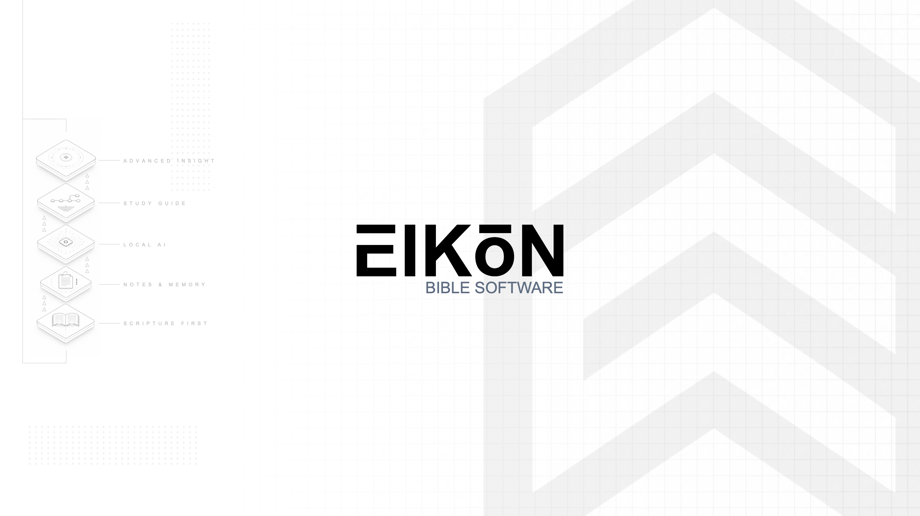Eikōn Bible Software identity: a geometric mark and a layered view of Scripture, notes, local AI, and study