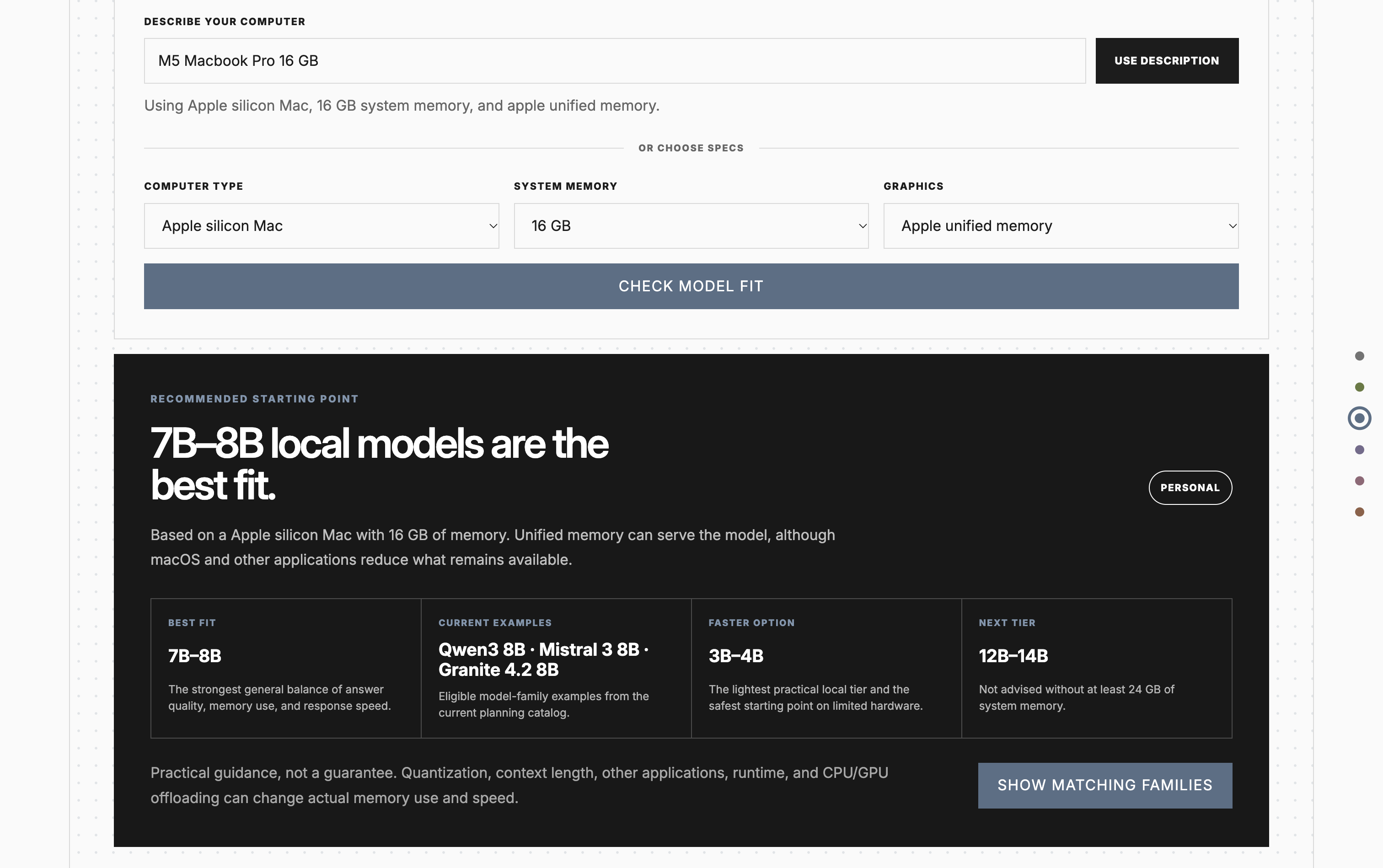 Model fit tool with computer specifications and a suggested local model size