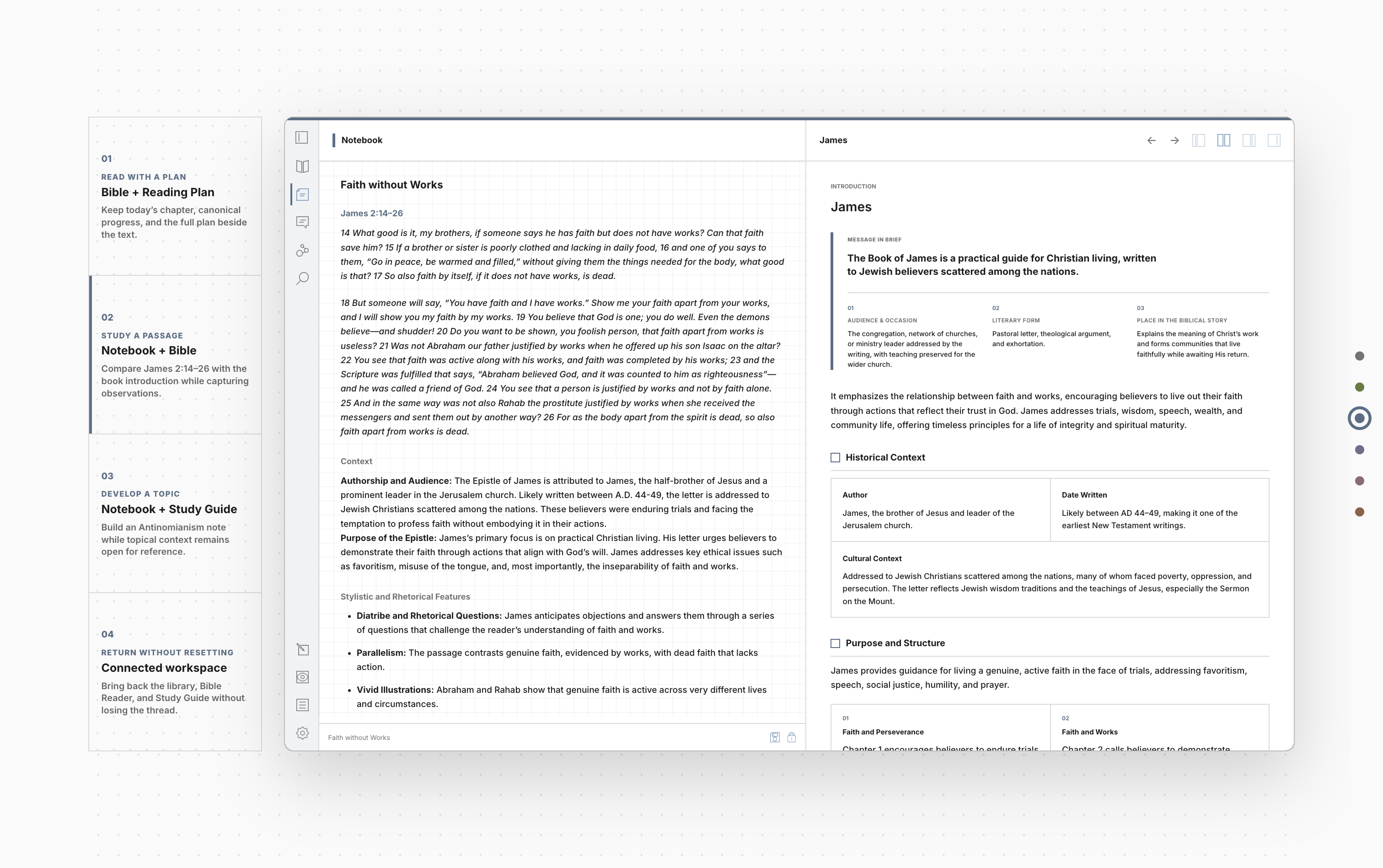 Interactive website showcase comparing a notebook with Bible context